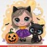 Симпатичная открытка на Хэллоуин с девушкой и черной кошкой